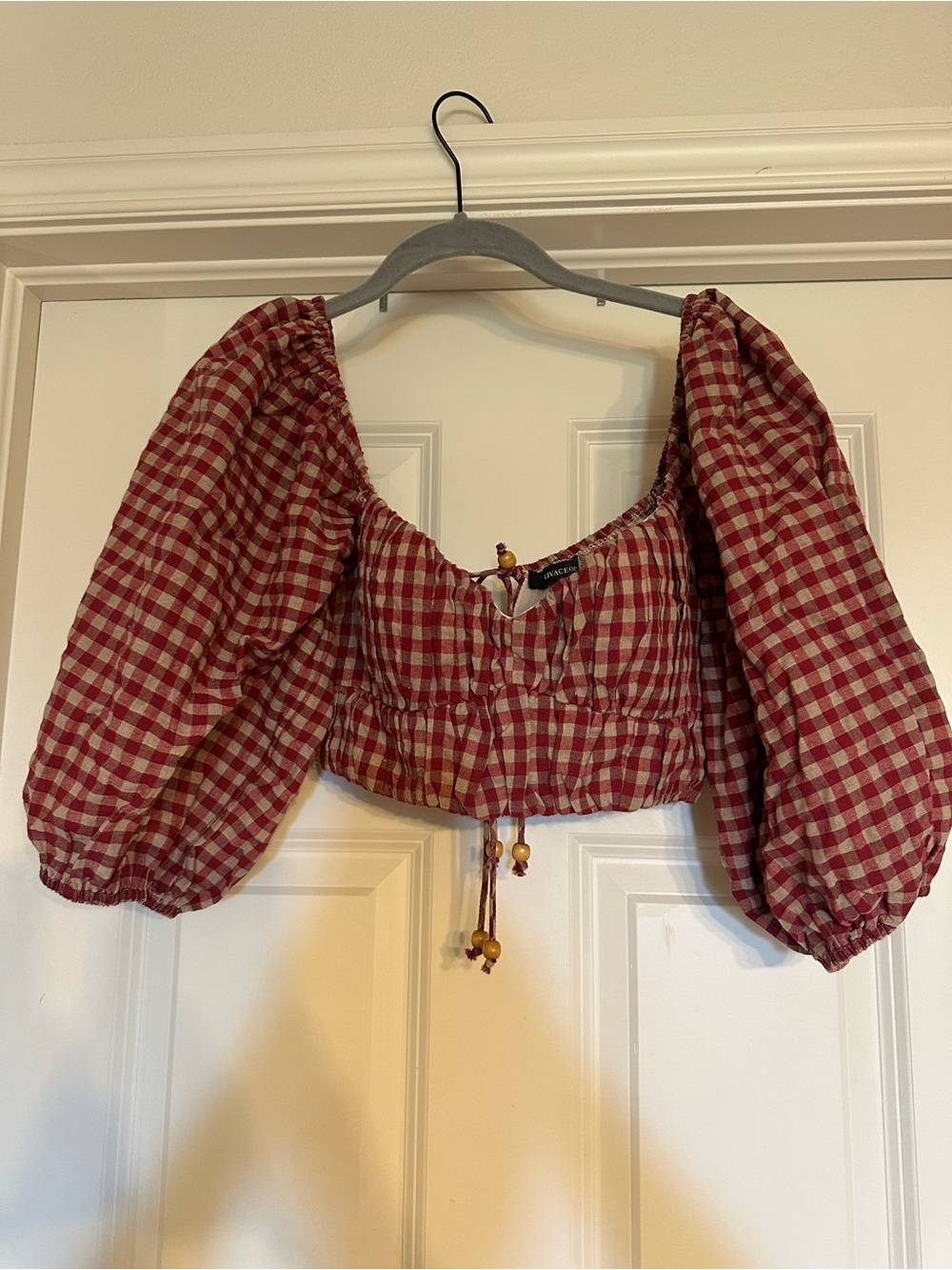 Olivaceous Red and White Gingham Puff-Sleeve Crop Top Small